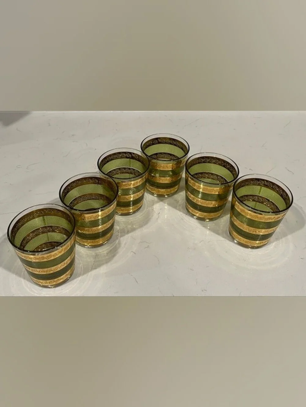 Vintage MCM Culver Starlyte Green & Gold Old Fashioned Glassware - Set of 6 EUC